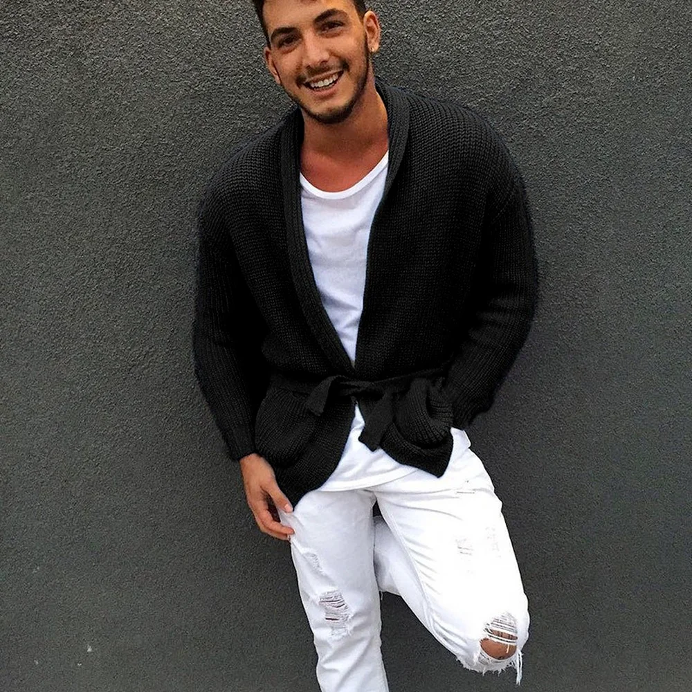 Cardigan For Men With Belt Casual Streetwear Knitted Sweater Coat Fashion Clothing 2021 Solid Color | Мужская одежда