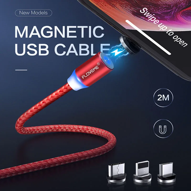 FLOVEM Магнитный кабель Micro usb type C USB-C кабель 1 м 2 м светодиодный короткий usb кабель для зарядки магнитное зарядное устройство круглый разъем для iPhone XR