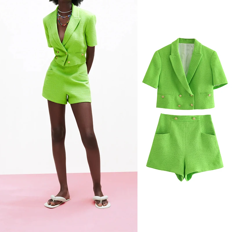 

2021 Summer Women Elegant Green Two-Piece Set Textured Weave Suits Za Fashion Female Collocation Office Lady Short Sleeve Sets