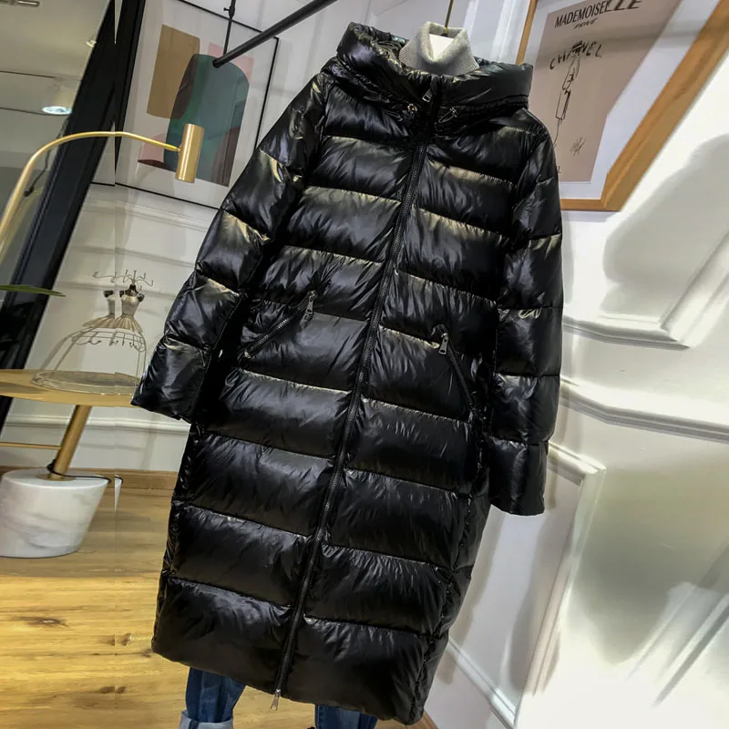 Женская длинная парка на белом утином пуху свободная Толстая с капюшоном большой