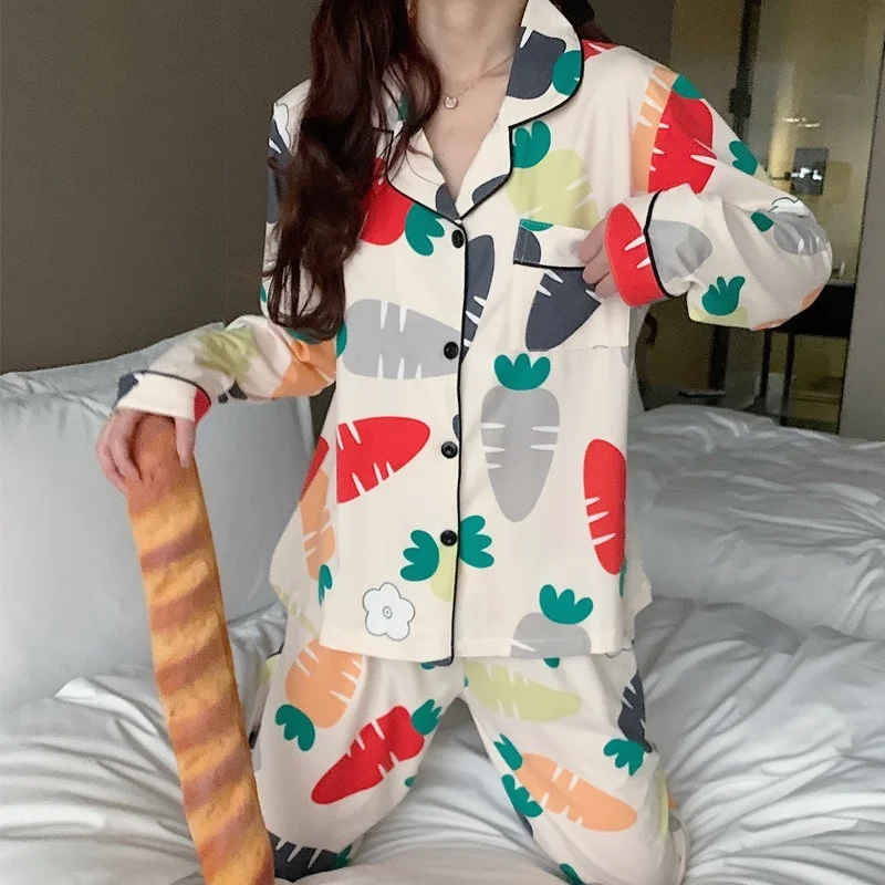 

Women's Pajamas Long-sleeved Spring New Loose Korean Style Two Pajamas Can Be Worn Outside Home Service Suit Plus Size Lingere