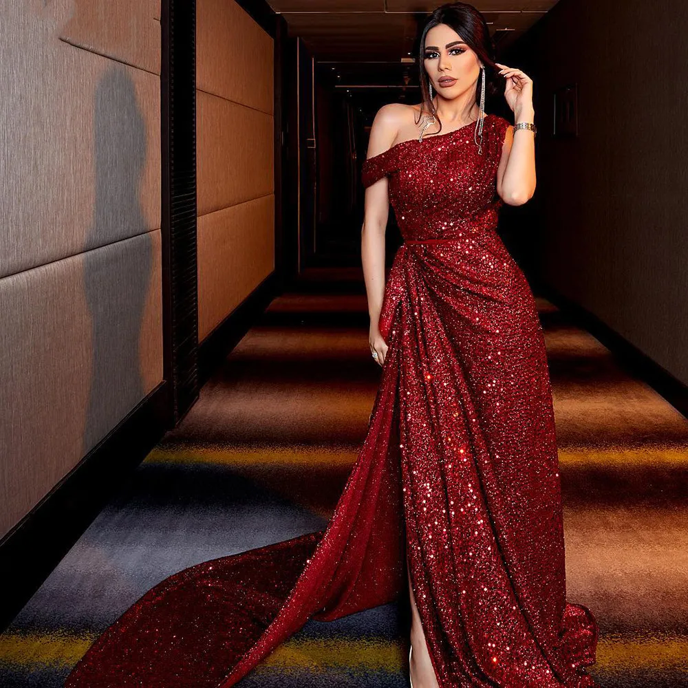 

Женское вечернее платье с открытым плечом, длинное винно-красное блестящее платье-трапеция с разрезом, элегантное платье для вечерние, 2022