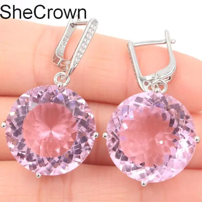 SheCrown большой круглый драгоценный камень 20x20 мм розовый кунцит женские вечерние серебряные серьги 38x20 мм