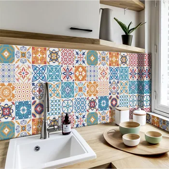 24/pcs Mosaic Mandala Tile Stickers Antique Tile Self-adhesive Retro Home Bathroom Kitchen Decoration Waterproof Wall Stickers