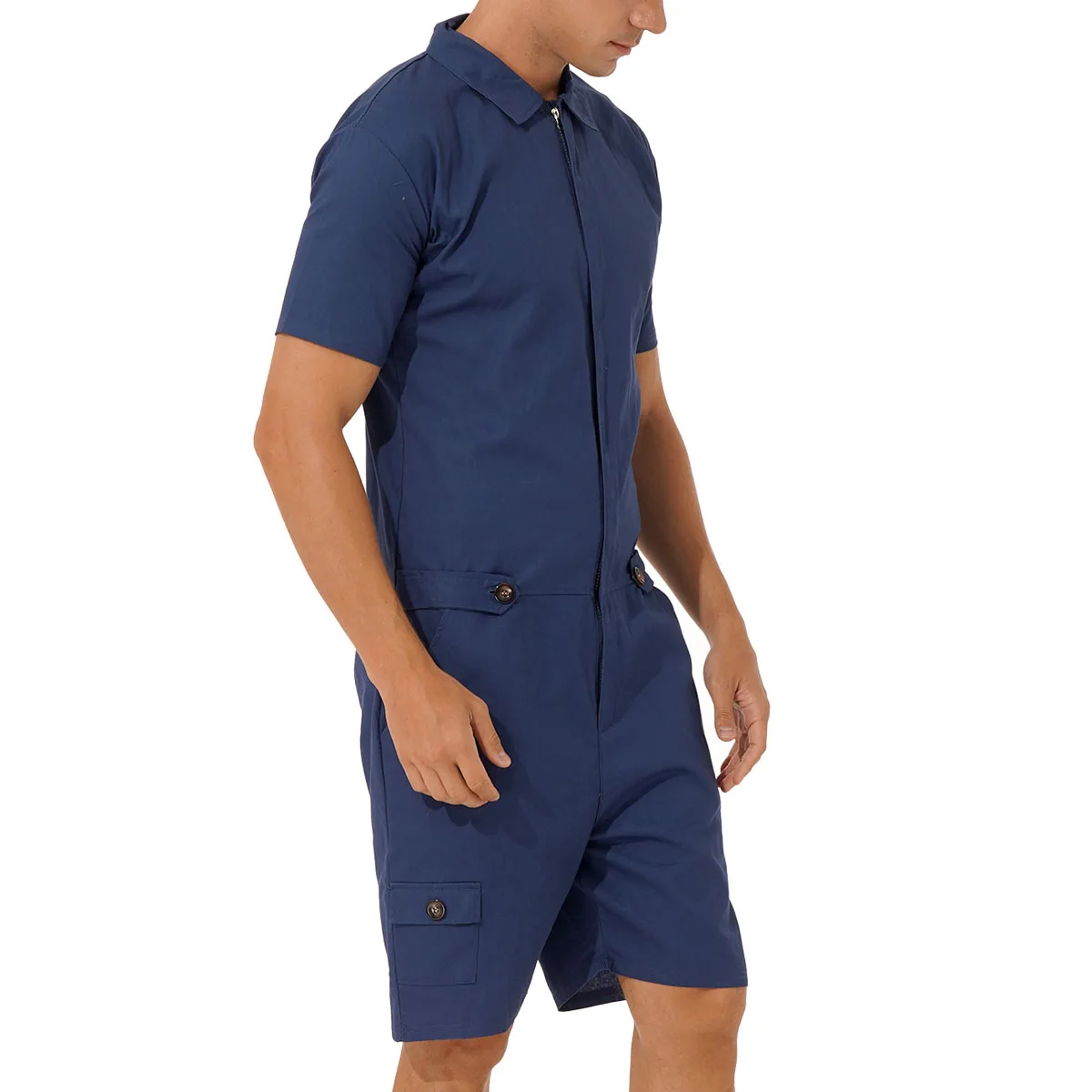 Mens Rompers Jumpsuits Cotton Button Down Short Sleeve One Piece Drawstring Shorts Coverall Tracksuits with Pockets