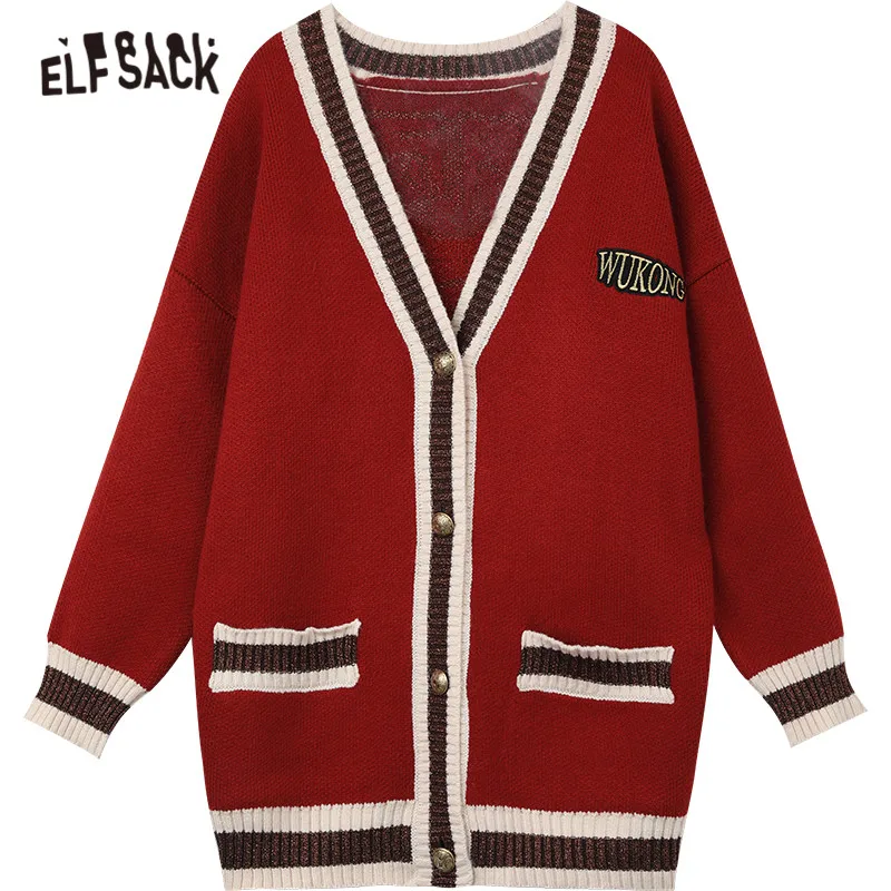 

ELFSACK Monkey King Jacquard Chic Button Knit Casual Preppy Women Cardigans,2021 Spring ELF Full Sleeve Girly,Daily Bright Tops
