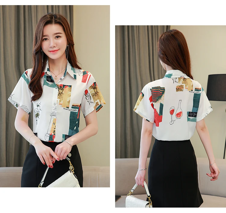 

Houthion Chiffon Slim Women's Blouses New Casual Blouse Fashion Short Sleeve Top Printing Polo Shirt Summer