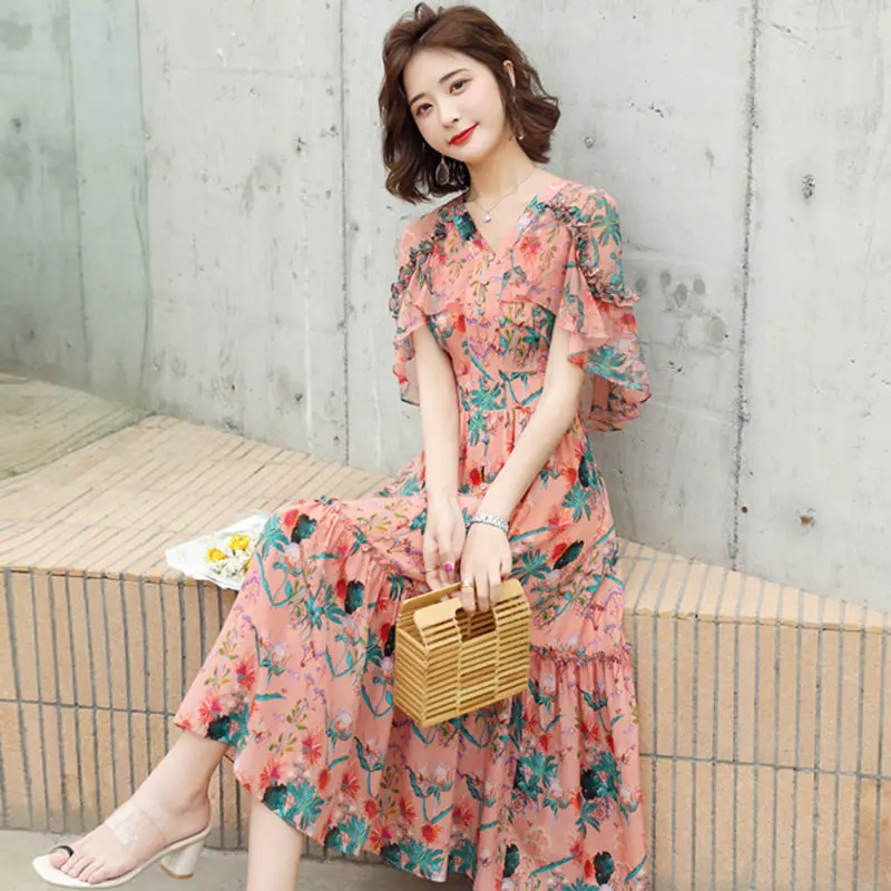 Плащ рукава шифоновое платье с цветочным принтом для женщин складки элегантное