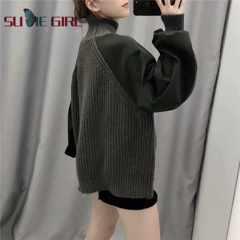 

SUDIE Girl winter women's army green sweater loose and handsome stitching half high neck pullover knitted sweater warm color