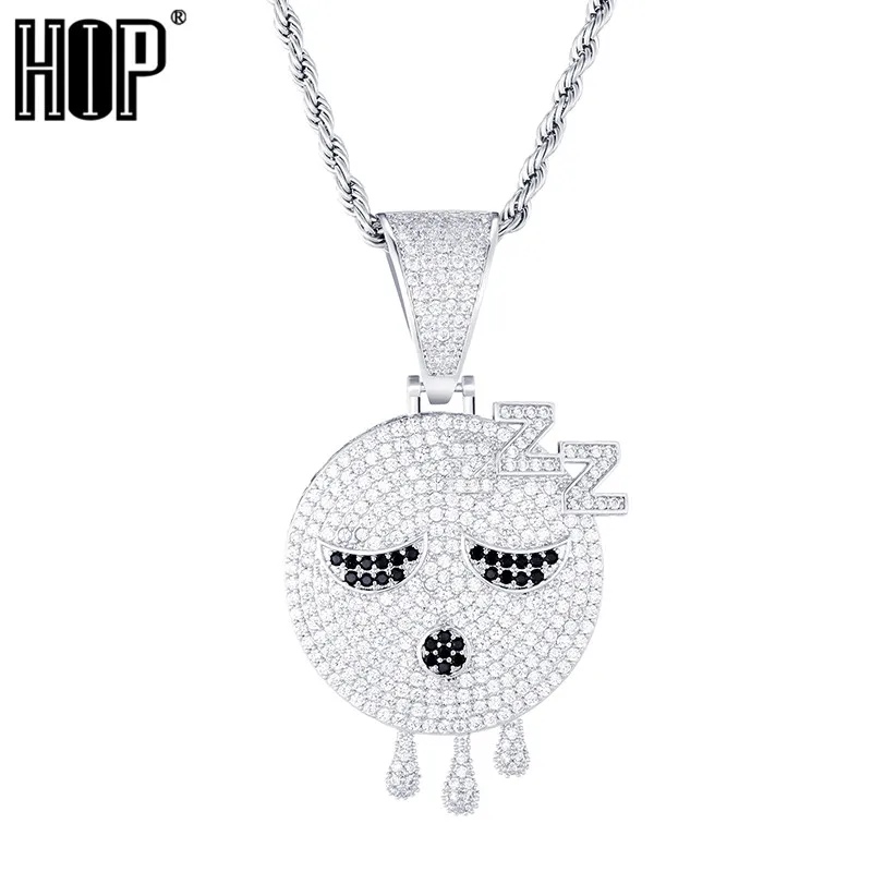 

Drool Round Face Pendant With Tennis Chain Gold Color Charm Bling Cubic Zircon Men's Hip hop Necklace Rock Jewelry