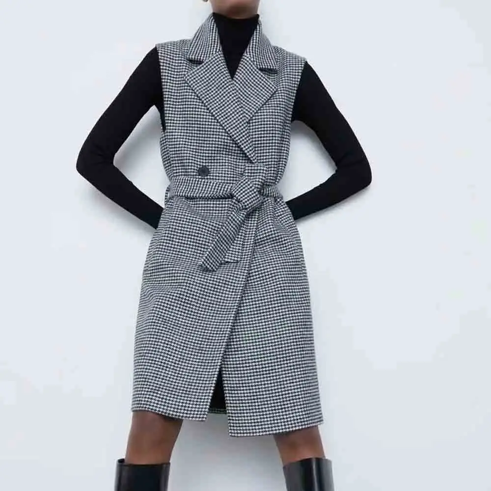 

DiYiG WOMAN 2021 early autumn new women's wear belt slimming sleeveless mid-length thousand-bird vest coat