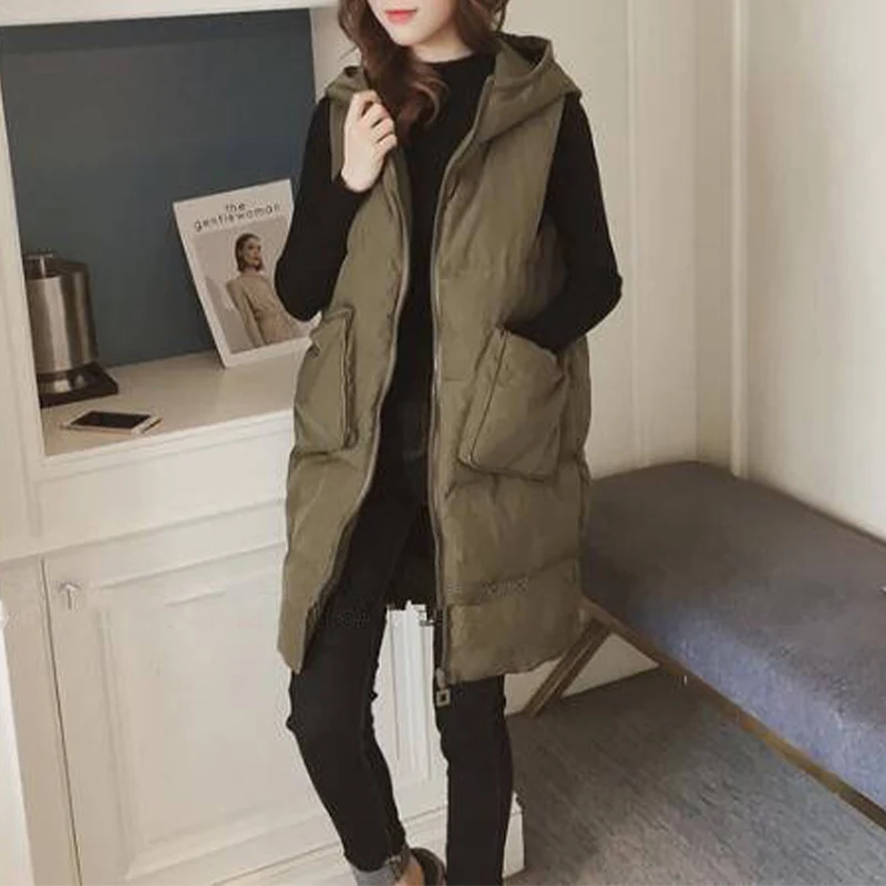 

Korean Casual Hooded Women Vests Autumn Sleeveless Mid-Length Parkas Woman Winter Simple Solid Keep Warm Thicken Women's Coat