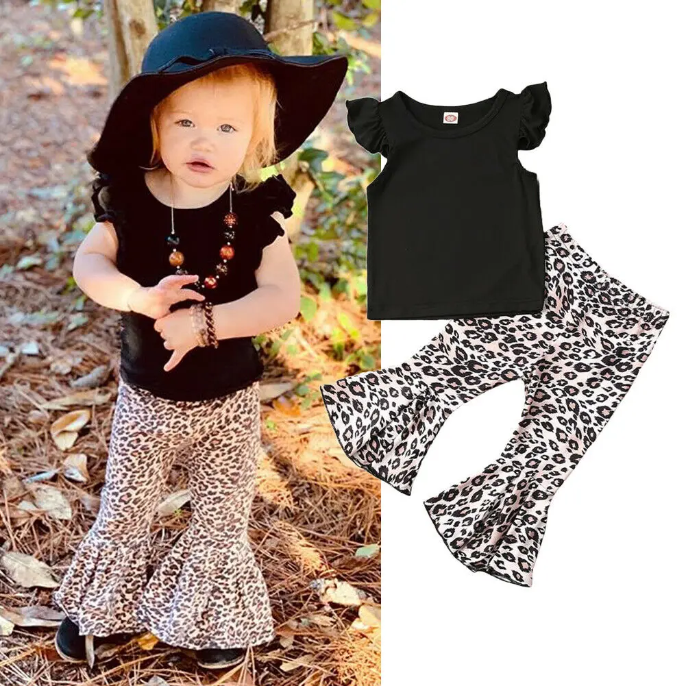 

Dropshipping Baby Girl Summer Clothes Kid Fly Sleeve Black Tops T-shirt+Leopard Printed Flare Wide Leg Pants Outfits Set