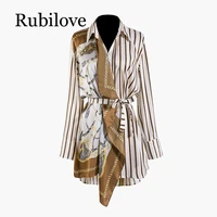 rubilove 2019 new spring fashion women clothing printing split joint striped patchwork shirt blouse female vestido