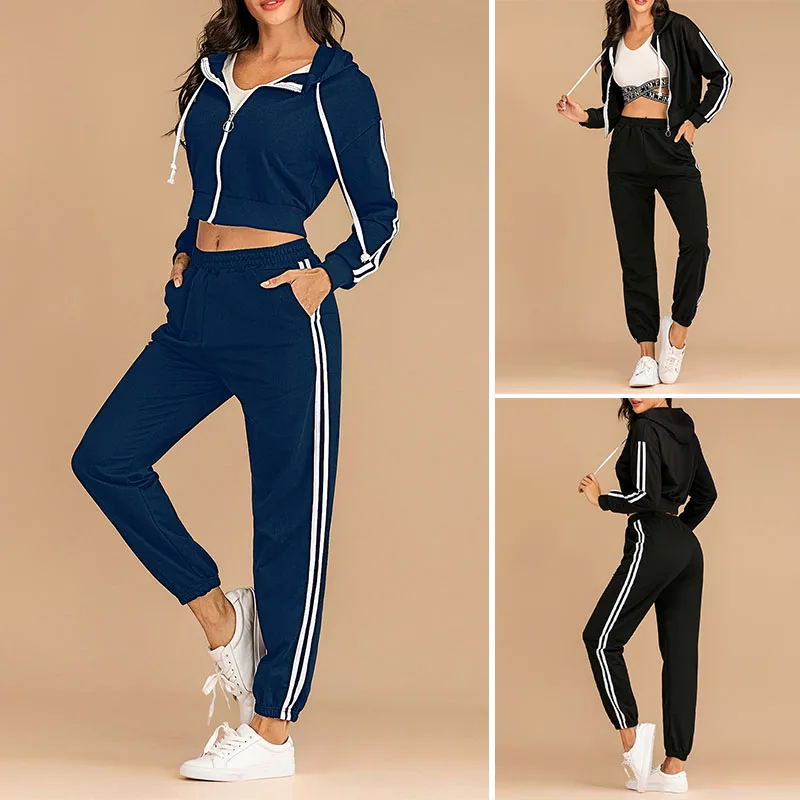 

Women 2 Piece Sets Zip Hooded Sweatshirt Sets Long-Sleeved Jackets Crop Top Jogger Pants Tracksuits