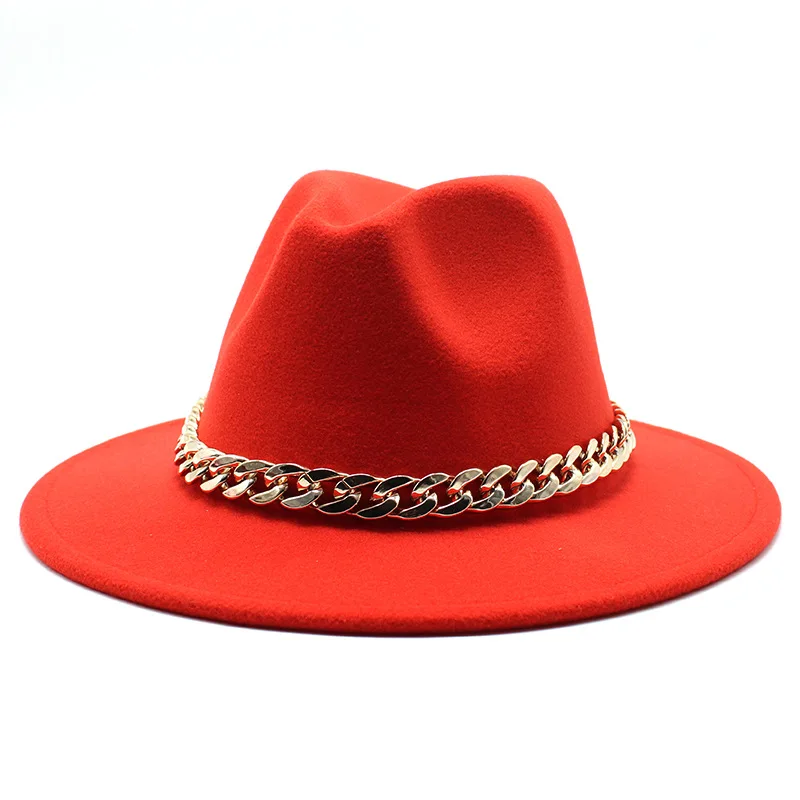 

2021 New European American Big Chain Fedoras Fuax Woolen Brim Felt Cap Jazz Men Women Hat