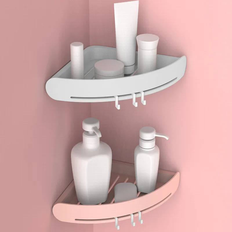 

Bathroom Corner Shelves Plastic Bathroom Shelf Organizer Toilet Storage Rack Holder with 3 Hooks Cosmetics Shampoo Holder