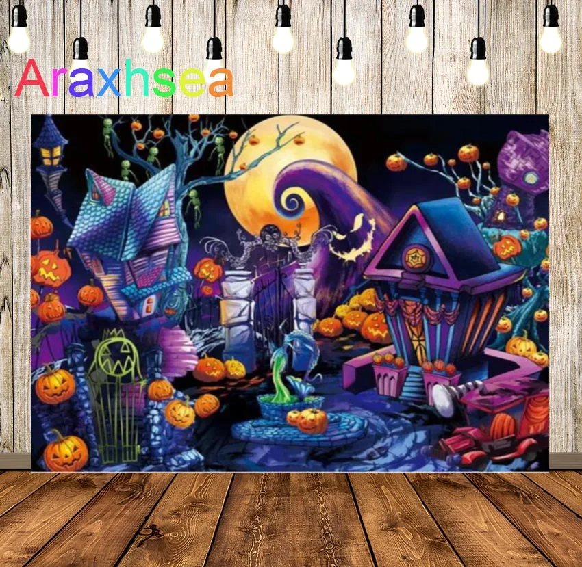 

Halloween Night Party Backdrop Castle Pumpkins Ghosts Trick or Treat Decoration Background for Photography Photo Zone