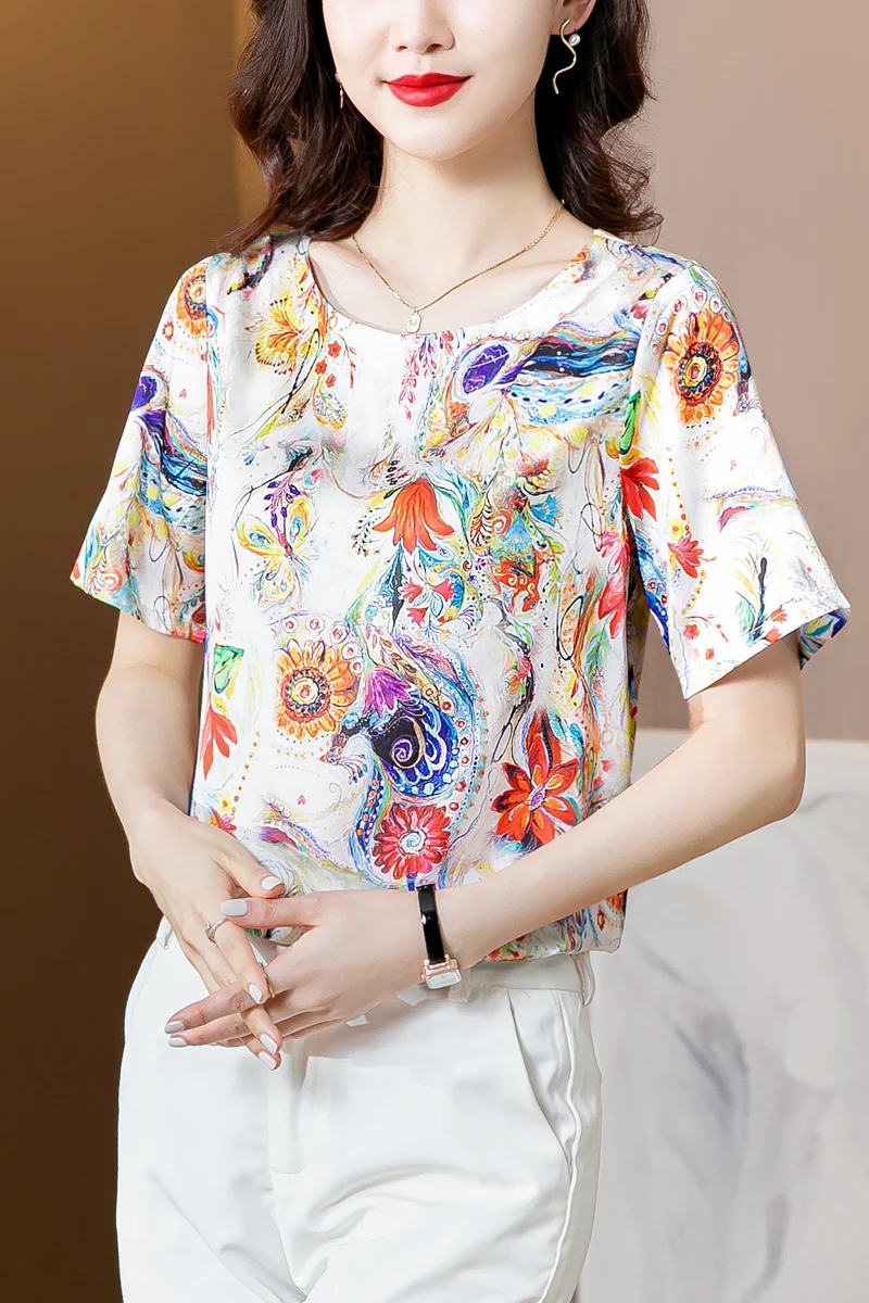 

Summer Korean Fashion Silk T-shirts for Women Vintage Satin Tops for Women Short Sleeves Plus Size XXXL White Office Lady Shirts
