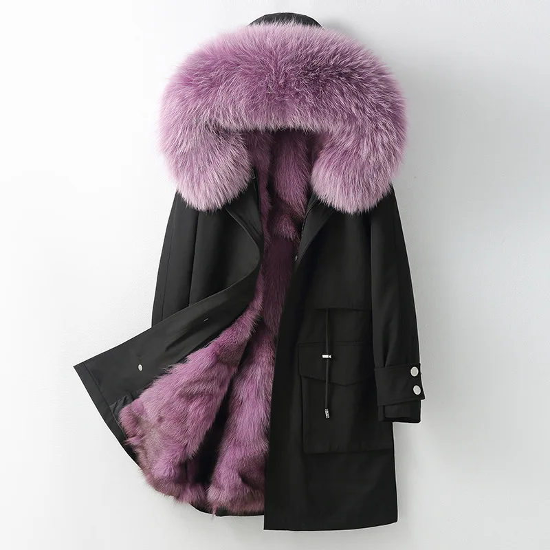 New Style Fox Hair Collar Fur Lined Hooded Warm Thick Parkas 3xl Plus Size Middle Length Removable Pockets Black Coats For Women