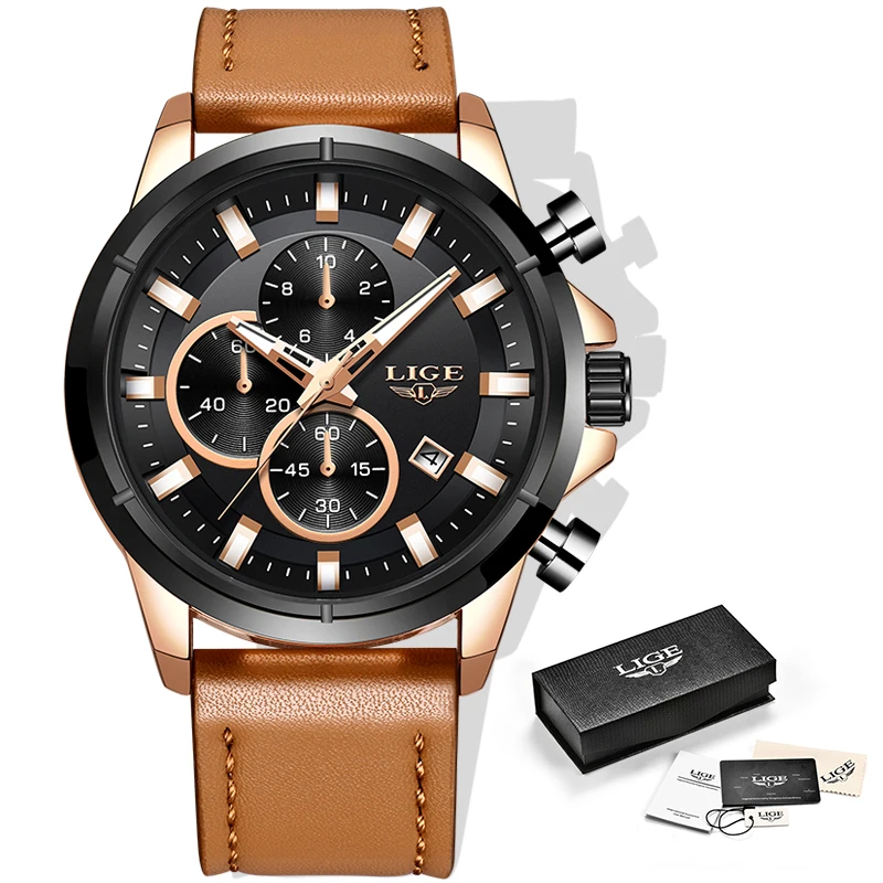 

LIGE Mens Watches Top Brand Luxury Men's Fashion Sport Watch Men Casual Leather Quartz Waterproof Wristwatch Relogio Masculino