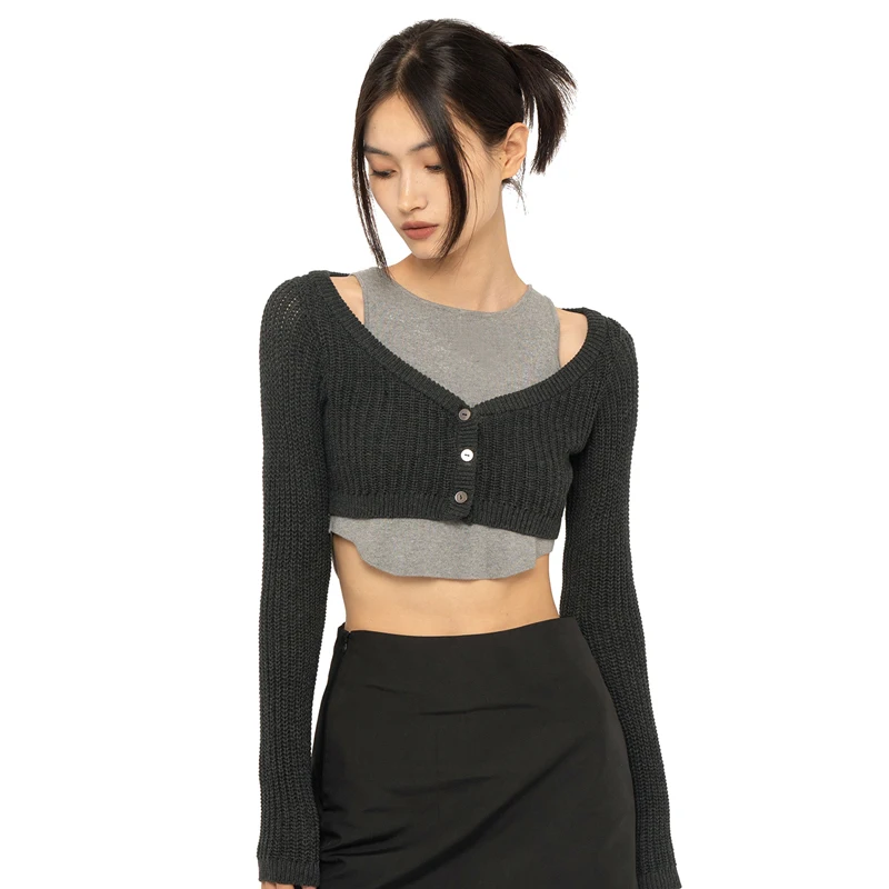 

Women Curved Hem Knit Tank And V Neck Crop Knit Cardigan Twin Set