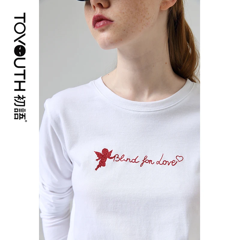 Toyouth с буквенным принтом Футболки длинным рукавом для женщин осенние приталенные