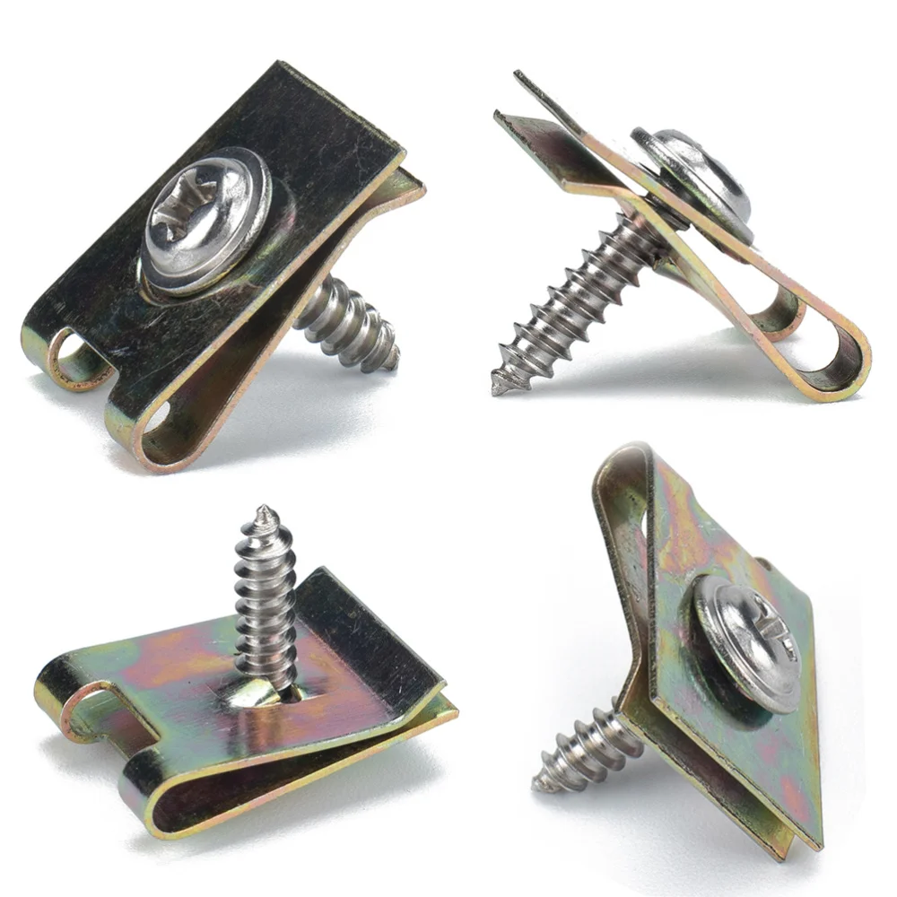 

200pcs Motorcycle Fairing Bodywork Panel No.4 Manganese Steel U Clips Self Tapping Screw Spire U Clip U Nut Fasteners (Silver)