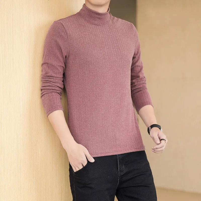

Explosive Style Autumn and Winter New Half High Neck Men's Knitted Solid Color Pit Stripe Wild Young Men's Tide Brand Sweater