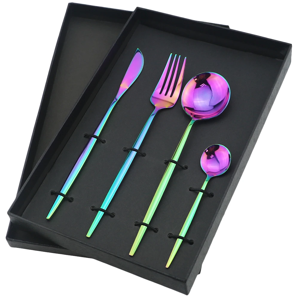 4/16/24pcs Dinnerware Set Rainbow Cutlery 304 Stainless Steel Tableware Fork Knife Spoon Dinner Silverware With Gift Box | Дом и сад