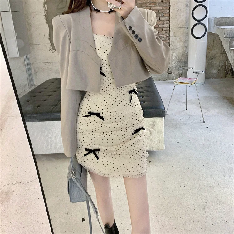 

Goddess Set Early Autumn New Short Long Sleeve Suit Coat Dot Mesh Strap Dress
