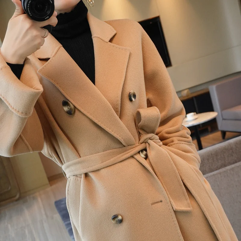 

Shzq 2021 высококачественное двустороннее кашемировое пальто, женское свободное шерстяное пальто до колен средней и длинной длины в стиле Хепб...