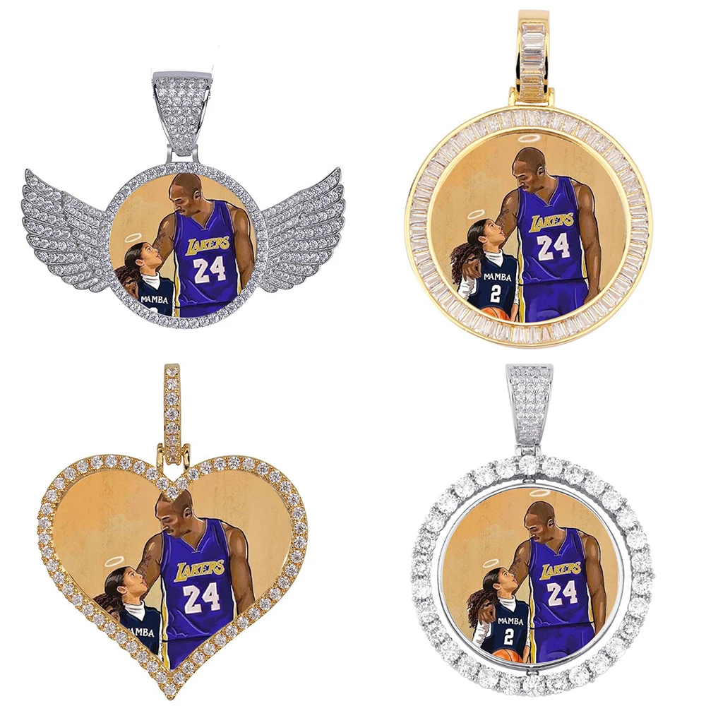 

Custom picture memory photo iced out pendant circle heart wings bling bling personlized picture pendant neckalce hip hop jewelry