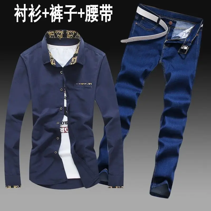 Long sleeve shirt jeans suit men fall outdoor sports leisure clothing fashion clothes