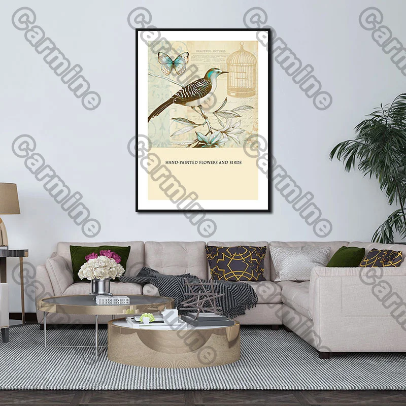 

Poster Birdcage Flowers Bird Animal Canvas Painting and Prints Wall Art Decoration for Living Room and Bedroom 2Pcs Frameless