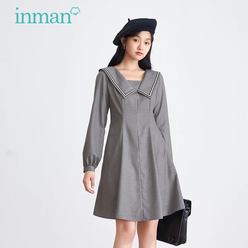 

INMAN Women's Dress Autumn Winter Minimalist Elegant Lapel Light Grey Long Sleeve One-Piece