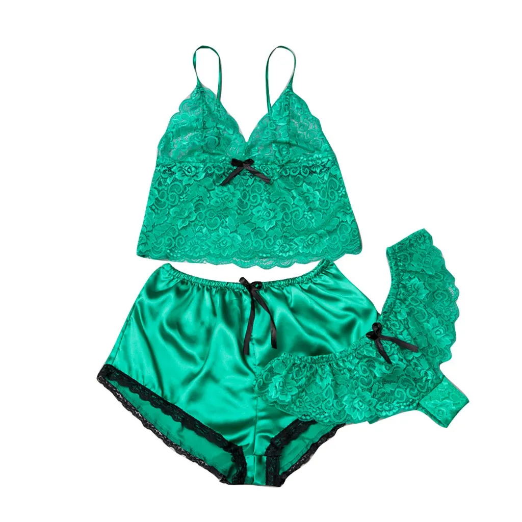 Шелковые пижамы сексуальное атласное нижнее белье кружевные шорты набор женское