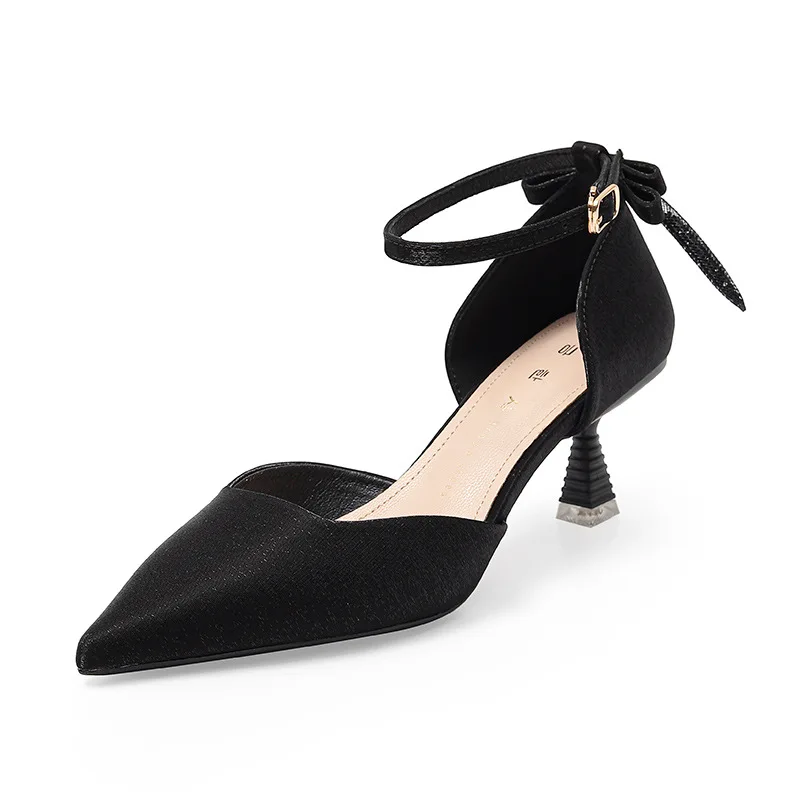 

Beige Heeled Sandals Comfort Shoes for Women Shallow Mouth Black Pointed Casual Solid PU Basic Buckle Strap Silk Rubber Leisure