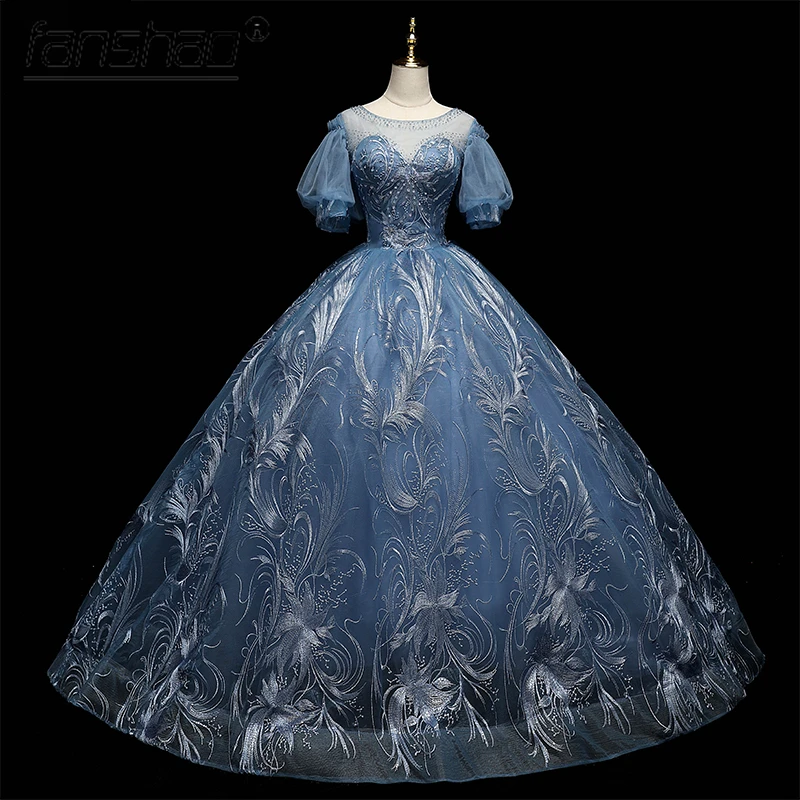 

Fanshao Real Evening Dresses Scoop Neck Short Puffy Sleeve Beads Appliques Ball Party Gowns Turky Fashion Design Exquisite