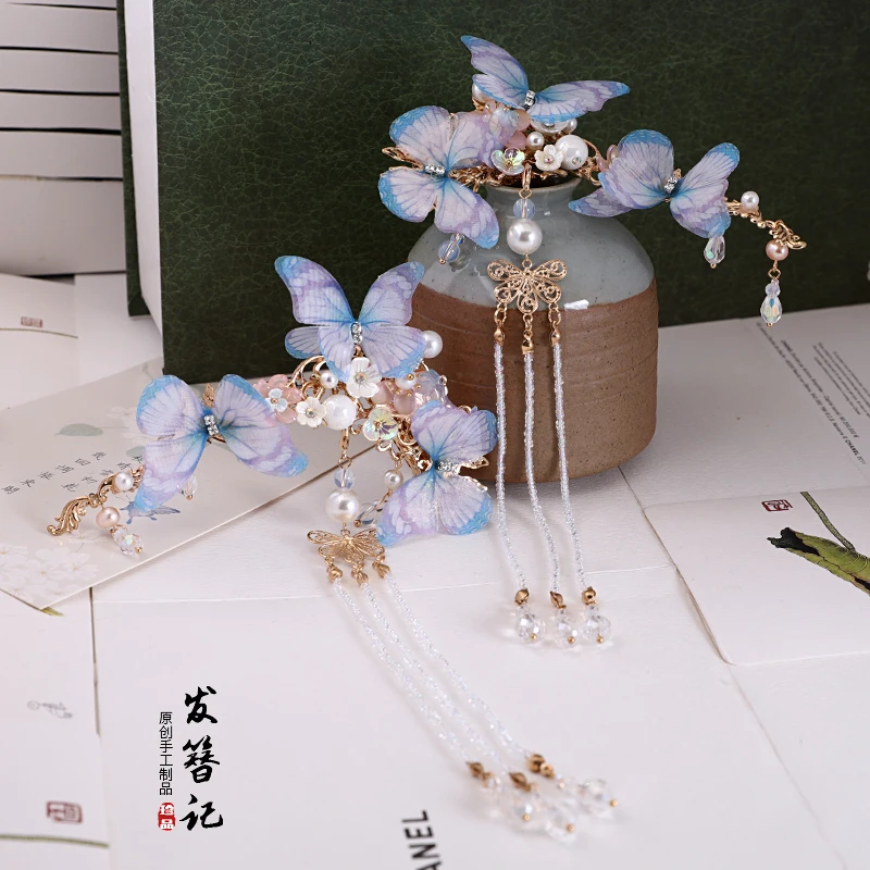 Женская заколка для волос ручной работы Kanzashi Классическая с синими бабочками и