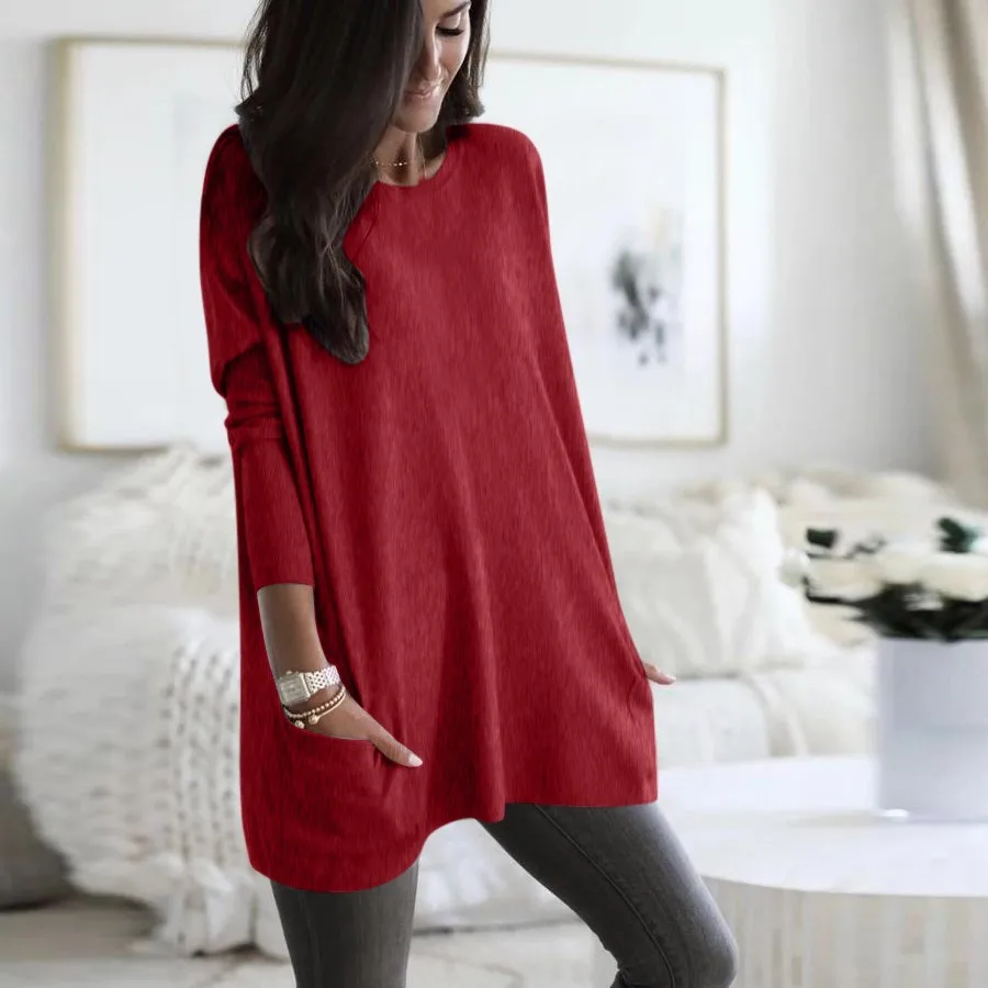 Женские блузки и топы размера плюс 5xl Однотонный свитер с карманами длинным