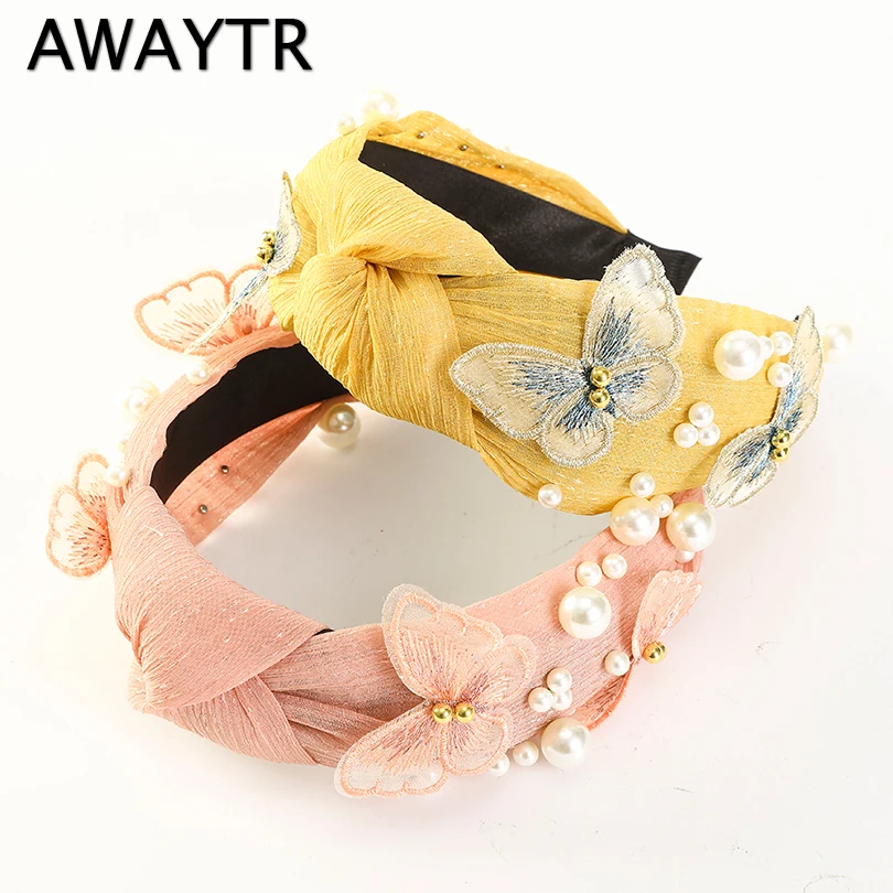 

AWAYTR Pearl Butterfly Knotted Headbands Fashion Hair Accessories Women Wide Edge Fabric Beaded Hairband Wild Hair Band Headwear