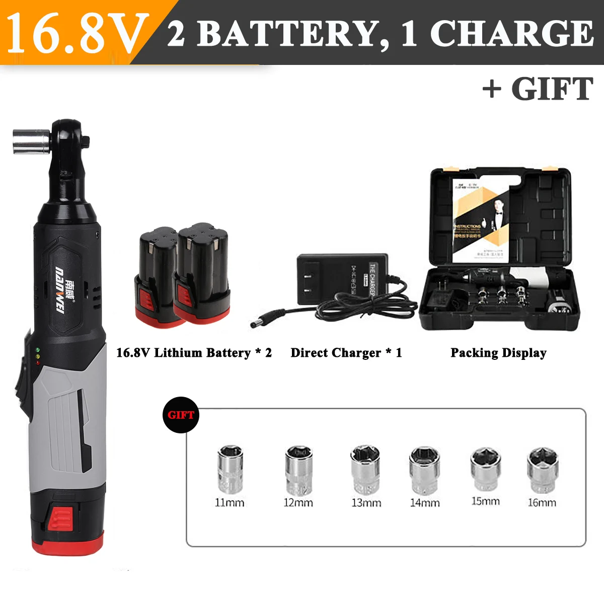 

Rechargeable Cordless Electric Wrench 16.8V 3/8'' Ratchet Right Angle Wrench Drill Screwdriver With 2Pcs Battery Charger Kit