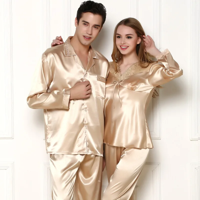 

2020 New Style Imitated Silk Pajamas Spring Summer Long Sleeve High-End Customizable Silk Couples Pajamas Suit