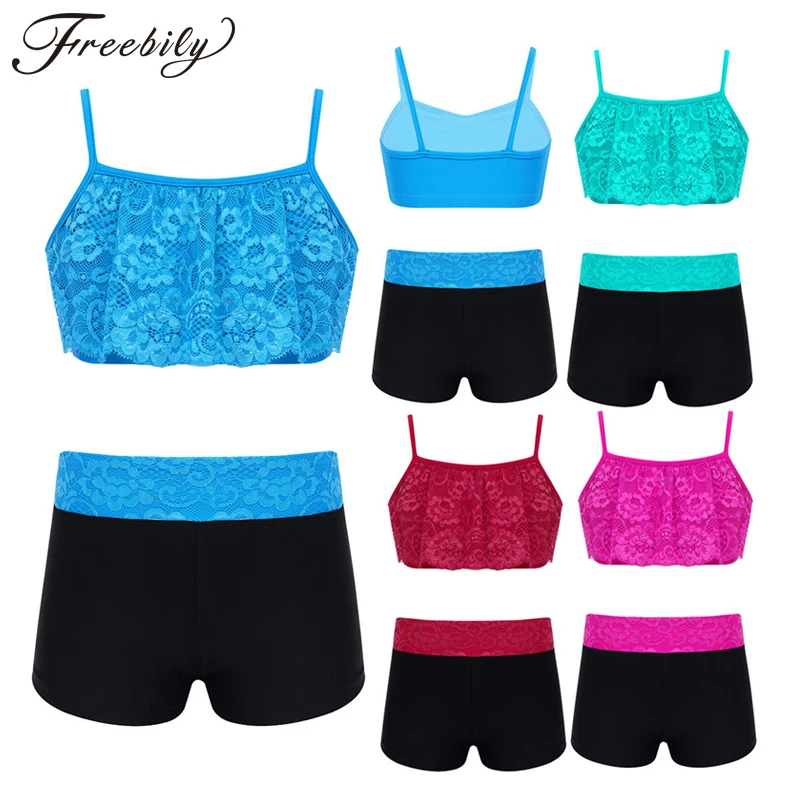Children Sportswear 2PCS Kids Lace Floral Spaghetti Straps Crop Tops Bottoms Suits Girls Workout Tankini Swim Dance Outfit |