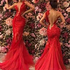 Красное Прозрачное платье русалки с открытой спиной для выпускного вечера, кружевное Тюлевое платье размера плюс на одно плечо, Сексуальные вечерние платья 2019