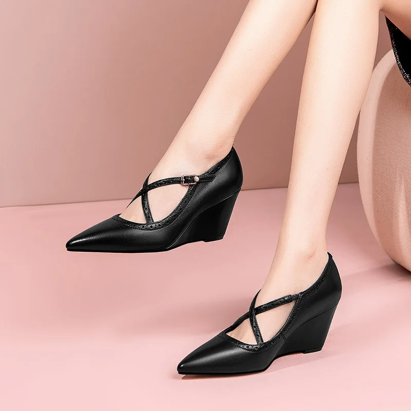

Sexy Pointed Toe Buckle Mary Janes Women Pumps Fashion Casual Wedges High Heels Shoes Woman Genuine Leather Spring Autumn Shoes