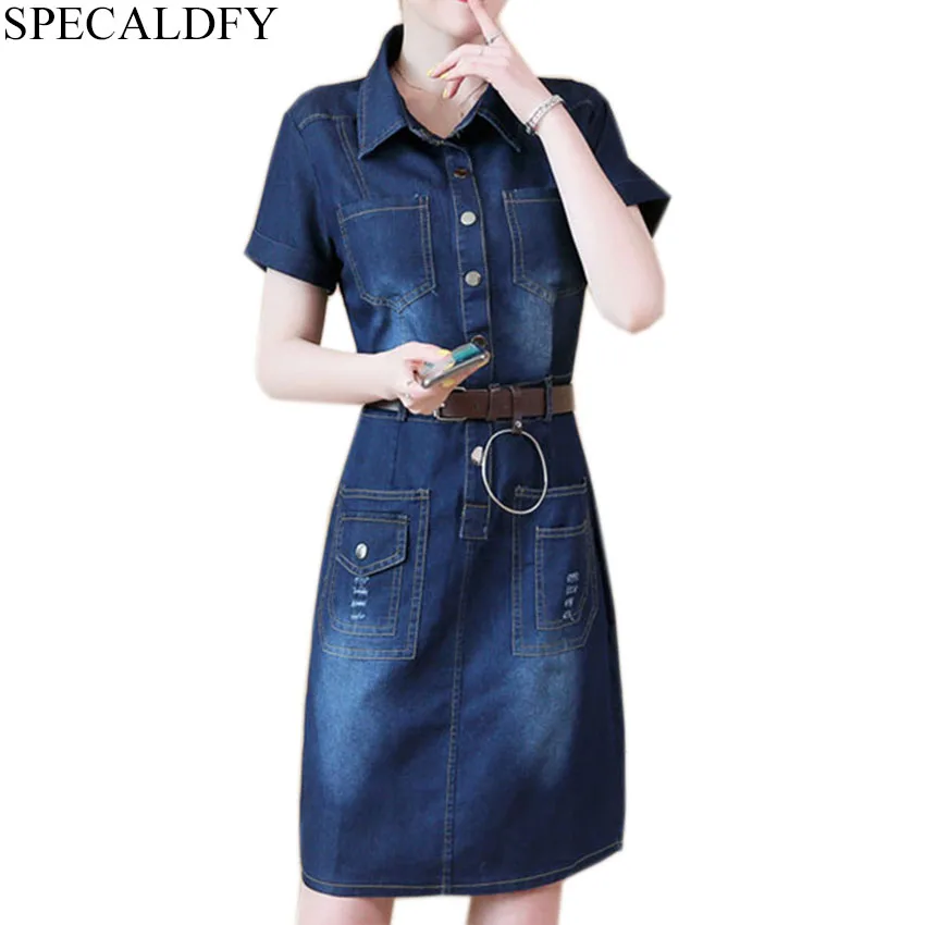 S-5XL летнее платье размера плюс джинсовое для женщин короткий рукав заклепки пояс