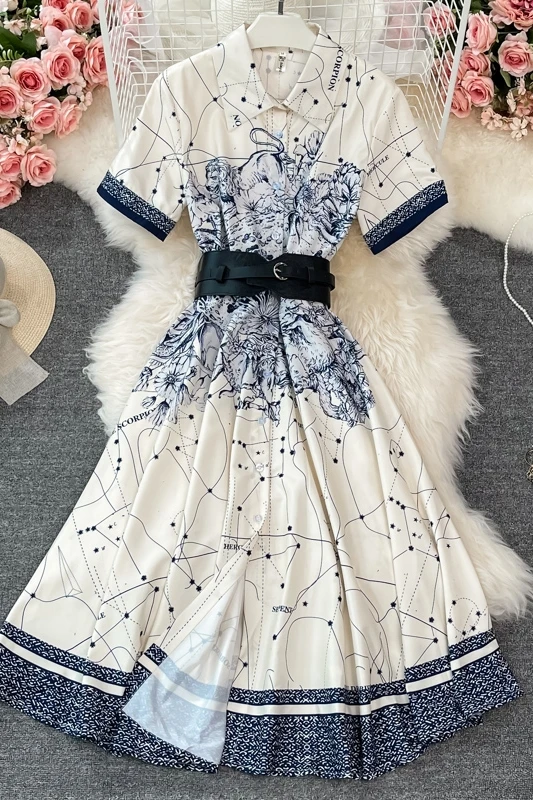 

Summer Runway Fashion Party Dress Lady Turn Down Collar Print Belted Mid Calf Length Dress Plus Size Robes 2021