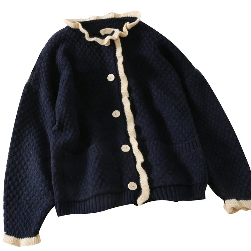 

Retro color matching Ruffles single-breasted cardigan women's sweater coat new loose long-sleeved wild sweater knitted cardigan